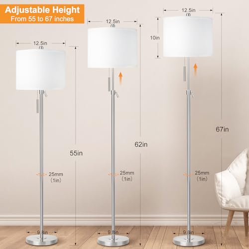 Floor Lamp for Living Room Adjustable Tall Standing Lamp, 3-Way Dimmable Floor Lamp for Bedroom Office, Black Gold Lamp with Marble Base and White Linen Shade, 6W 3000K LED Blub Included