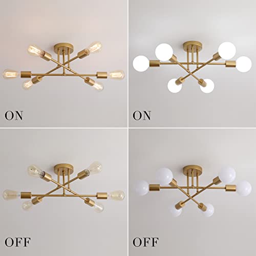 Gold Modern Sputnik Chandelier Ceiling Light Fixtures,6-Lights Industrial Metal Semi Flush Mount Ceiling Light for Bedroom Dining Room Living Room Kitchen Hallway UL Listed