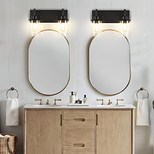 Bathroom Vanity Light Fixtures, 2 Light Wall Sconce Black Vintage Industrial Farmhouse Sconces Wall Lighting with Clear Glass Shade for Bathroom Bedroom Living Room