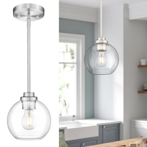 Modern Polished Gold Pendant Light, Mid Century Globe Hanging Light Fixture with Clear Glass for Kitchen Island Dining Room Bedroom Hallway Foyer (2 Pack), PL101BG-2PK