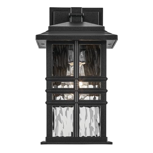 Square 12" Outdoor Wall Light in White, 1-Light Exterior Wall Sconce with Clear Hammered Glass, (12" H x 6.5" W), 49829WH