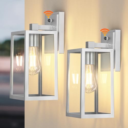 Outdoor Lighting Fixtures Wall Mount, Sensor Exterior Wall Lights for House, Anti Rust Porch Light, White Sconce Lamp, Waterproof Wall Lantern for Doorway, Garage, 2-Pack