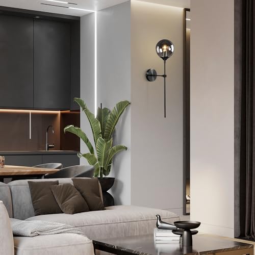 Lighting Modern Smoke Grey Glass Globe Black Matte Slim Wall Sconce Light with Long Arm Vintage Industrial Wall Sconce for Hallway, Stairs, Bathroom Mirror