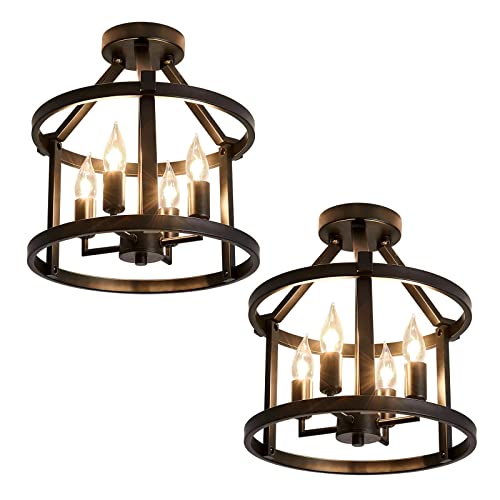 Metal Semi Flush Mount Ceiling Light Fixture 4 Candle Holder Matte Chandelier Farmhouse Ceiling Lamp for Dining Room Bedroom Kitchen Hallway Entryway（Black）