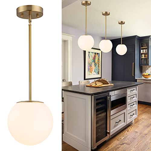 Mid Century Modern Pendant Lighting Gold Globe Pendant Light Fixture,1-Light White Glass Shade Brushed Brass Finished Hanging Light Fixture for Kitchen Island