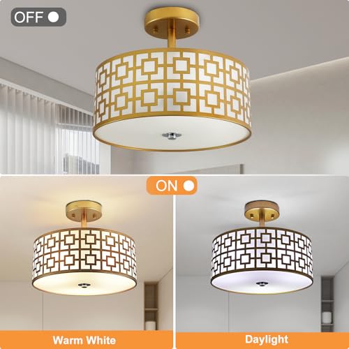 DLLT Flush Mount Ceiling Light: Modern Semi Flush Chandelier Lamp Brushed Chrome Finish - Drum Light Fixture for Bedroom Hallway Kitchen - 3-Light Silver Ceiling Fixture with Double Shade