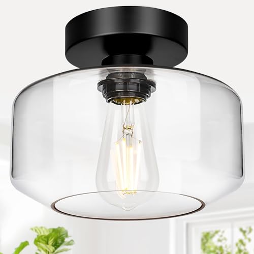 Industrial Semi Flush Mount Ceiling Light, 800 Lumen LED Bulb Included, Seeded Glass Shade Farmhouse Light Fixture for Hallway Corridor Kitchen Bathroom Bedroom Passway