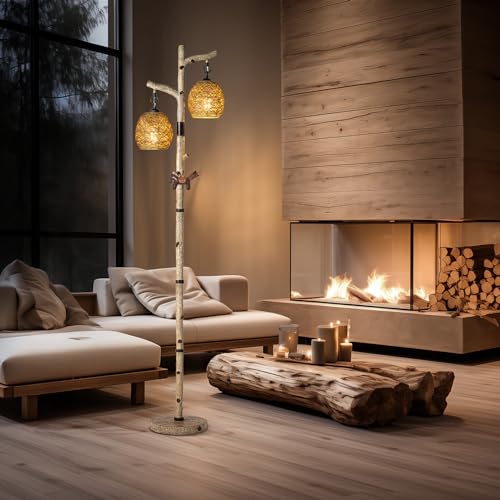 68.5" Rustic Farmhouse Remote Control Switch Birch Tree Floor lamp with Bird Nest Lantern Shade Vintage Standing Lamp for Living Room Bedroom Hotel Bar Office Wood House(LED Bulb Included)