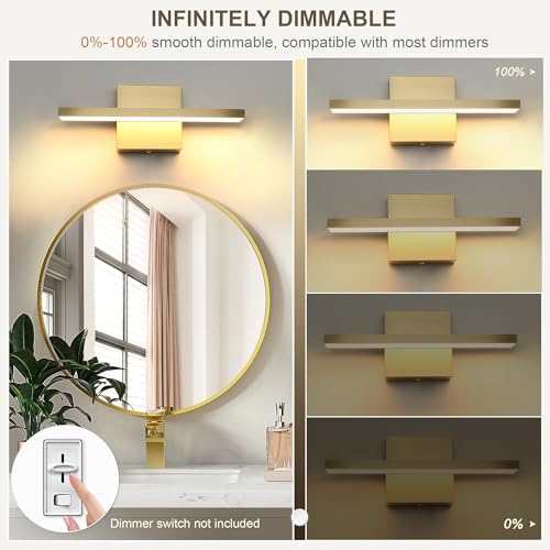 Gold Bathroom Light Fixtures Over Mirror, 20 Inch Brushed Brass Bathroom Vanity Light, LED Modern Wall Sconce 3000K Bar Vanity Lights for Bathroom Mirror Cabinets Bedroom