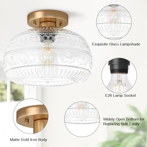 Semi Flush Mount Ceiling Light, Upgraded Modern Close to Ceiling Light Fixture with Clear Glass,Gold Indoor Kitchen Lighting for Porch Corridor Hallway Bedroom, Bulb Not Included