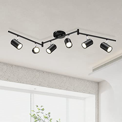 6-Light Black Track Lighting Fixtures for Ceiling, 6 Way LED Track Light Kit with Adjustable Light Heads & GU10 Socket, Adjustable Ceiling Spot Lighting for Kitchen, Dining Room, Bar, Office