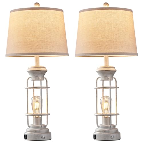 Farmhouse Table Lamp Set of 2 with USB Charging Ports, Tall Table Lamp for Living Room,3-Way Dimmable Lamps for Bedroom, Rustic Bedside Lamp, Industrial Nightstand Lamps,Bulbs Included