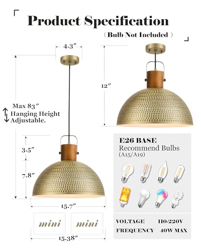 ELYONA 16 Inch Large Pendant Light Fixtures Vintage Dome Hanging Lamp Ash Wood & Brushed Brass Hammered Metal Antique Gold Kitchen Chandelier for Island, Farmhouse Dining Room Living Room Hallway