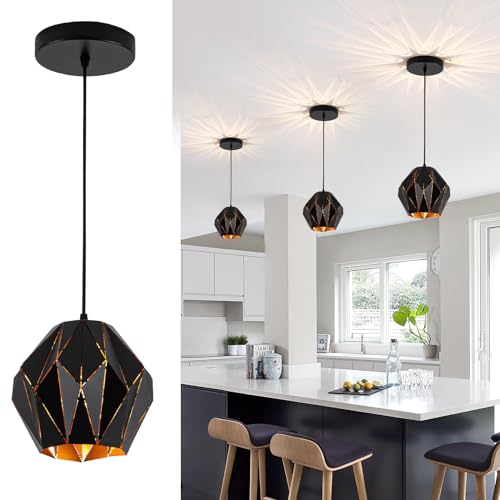 Industrial Black Pendant Light Fixture, Metal Pendant Lighting Chandelier with Geometric Diamond Shade Ceiling Vintage Pendant Lamp for Kitchen Island Dining Living Room Bedroom 1- Light