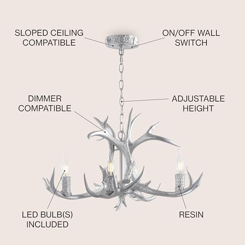 30" Adjustable Resin Antler 5-Light LED Chandelier, Glam, Rustic,Cottage,Transitional, Dimmable Dining Room, Living Room, Kitchen, Foyer, Bedroom, White