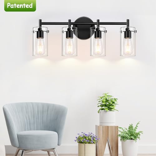 Bathroom Light Fixtures 2023 Upgrade, 3-Light Matte Black Bathroom Vanity Light, Black Bathroom Lights Over Mirror with Clear Glass Shade, Bathroom Wall Sconces for Mirror Bedroom Living Room Hallway