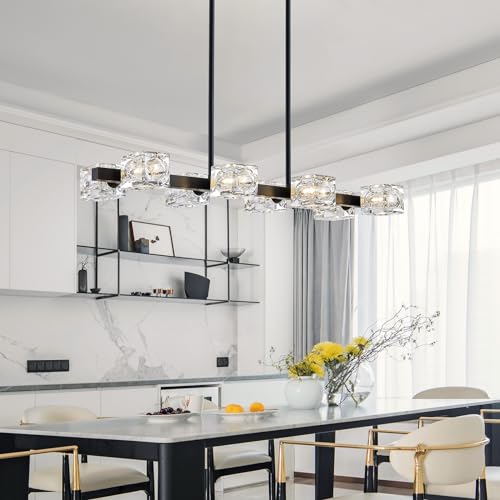 XINGQI Gold Chandelier Sputnik 8-Light Modern Farmhouse Glass Light Fixtures Rectangle Linear Chandelier for Dining Room Living Room Bedroom Kitchen Island