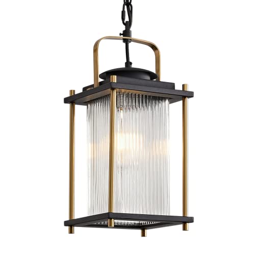 Outdoor Hanging Porch Light Waterproof Black and Gold Outdoor Pendant Lights Outdoor Chandelier with Striped Glass for Porch Entryway and Front Door.