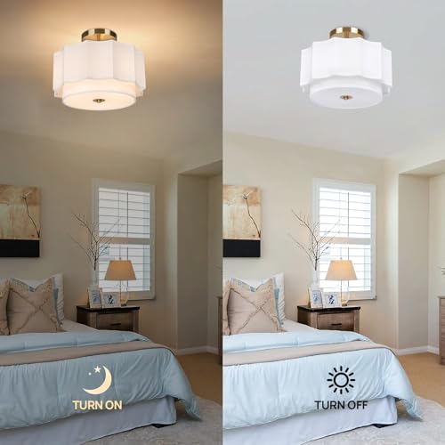 Modern Semi Flush Mount Ceiling Light - Easric Light Fixtures Ceiling Mount Hallway Light Fixtures Ceiling with Black 2-Layer Fabric Shade Drum Ceiling Lights for Bedroom,Dining Room,Kitchen,Foyer