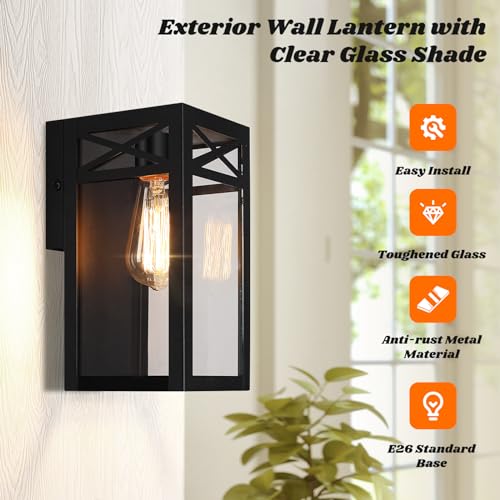 Outdoor Wall Lanterns, Exterior Waterproof Matte Black Wall Light Fixtures, Sconces Wall Lighting with Clear Glass Shade, Anti-Rust E26 Socket Wall Mount Lights for Porch Entryway Patio Garage, 2 Pack