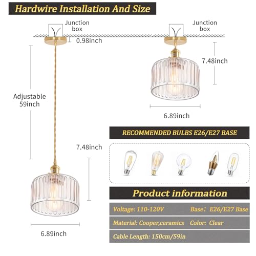 Pendant Light with White Pleated Ceramic Lmapshade, Brass Vintage Pendant Light Adjustable Hanging Light for Kitchen Island Dining Room Hallway 7.87 Inch Diam