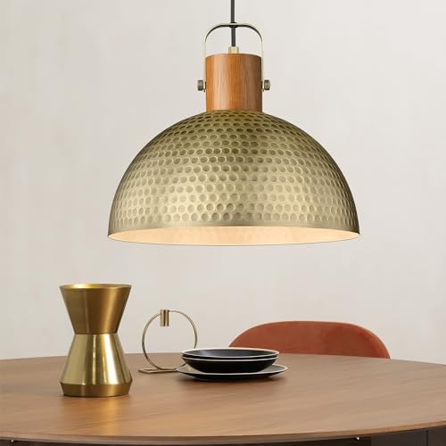 ELYONA 16 Inch Large Pendant Light Fixtures Vintage Dome Hanging Lamp Ash Wood & Brushed Brass Hammered Metal Antique Gold Kitchen Chandelier for Island, Farmhouse Dining Room Living Room Hallway