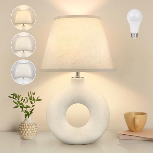 Boho Table Lamp for Living Room Bedroom, 21" Modern White Ceramic Bedside Lamps 3 Color Temperature Farmhouse Rustic Table Lamps for Night Stands, Dorm, Office, Home Décor (Bulb Included)