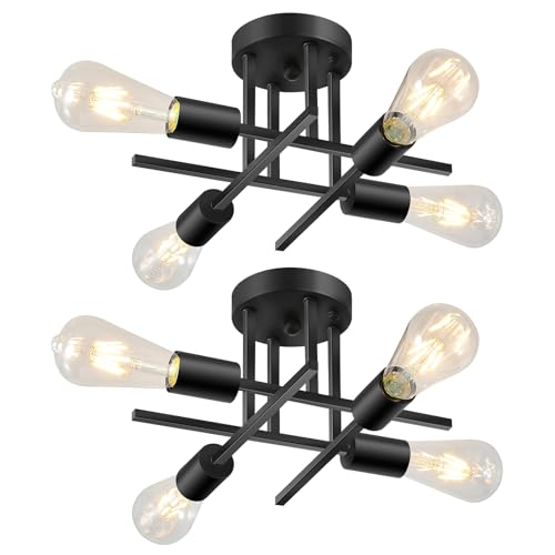 4-Light Modern Sputnik Chandelier, Mid Century Ceiling Light Fixture, Gold Black Semi Flush Mount Ceiling Lights for Dining Room Bedroom Foyer Hallway Kitchen Office (2 Pack)