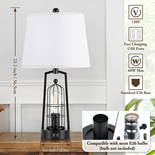 Farmhouse Table Lamps with 2 USB Ports, Set of 2 Rustic Industrial Desk Lamp for Living Room, 2-Light Black Bedside Lamp, Bedroom Nightstand Lamp with Gray Lampshade for House Decor, Reading