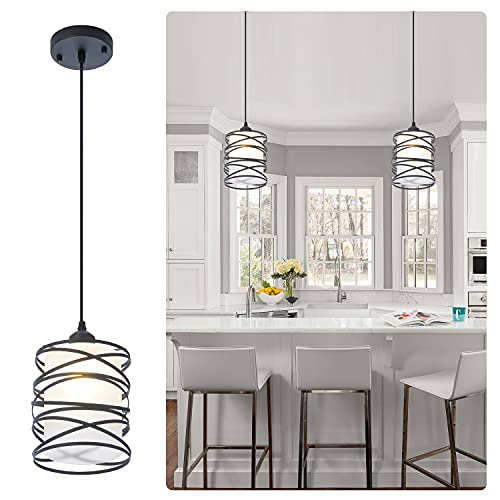 Modern Mini Pendant Light Fixture Kitchen Island Pendant Lighting 6.30''Matte Black Spiral Cage Handblown Clear Seeded Glass Shade Hanging Lamp Adjustable Cord for Dining Room 1-Pack,E26