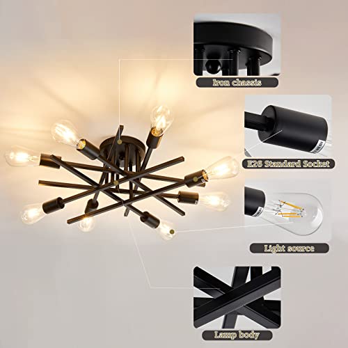 Semi Flush Mount Modern Ceiling Light Fixture， 6 Lights Black Vintage Matte Sputnik Chandelier Ceiling Lamp with E26 Bulb Base for Farmhouse Dining Room Living Room Bedroom Study Kitchen