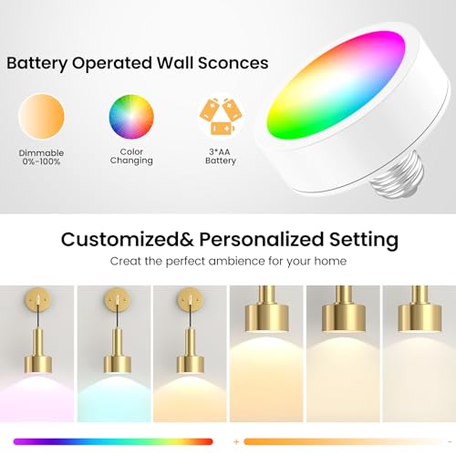 Battery Operated Wall Sconce Set of 2, Dimmable RGB Wall Sconce with Remote Indoor Battery Powered Wall Lamp Light for Bedroom Living Room