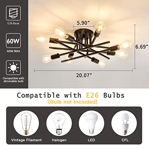 Semi Flush Mount Modern Ceiling Light Fixture， 6 Lights Black Vintage Matte Sputnik Chandelier Ceiling Lamp with E26 Bulb Base for Farmhouse Dining Room Living Room Bedroom Study Kitchen