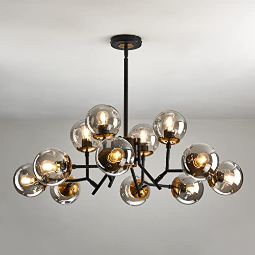 12-Light Glass Globe Sputnik Chandelier Mid-Century Modern Matte Black and Gold Ceiling Light Fixture Vintage Hanging Pendant Light for Bedroom Living Room Kitchen Farmhouse Dining Room