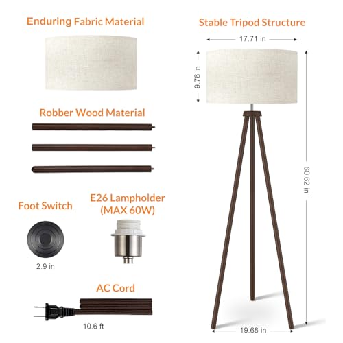 Wood Tripod Floor Lamp, Mid Century Standing Lamp for Living Room, Flaxen Lamp Shade, Modern Design Standing Lamp with E26 Lamp Base, Tall Floor Lamp for Bedroom, Study Room and Office Brown