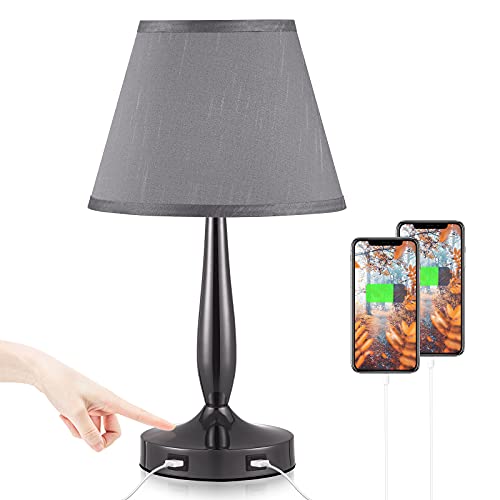 Touch Table Lamp with USB Ports, 3-Way Dimmable Modern Small Nightstand Lamp for Bedroom, Living Room & Office, Bedside Lamp w/ Grey Trapezoid Shade and Metal Base, LED Bulb Included