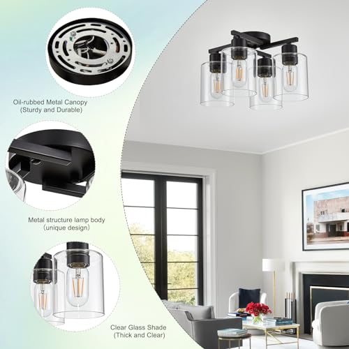 6 Light Semi Flush Mount Ceiling Light, Kitchen Lighting Fixtures Ceiling, Industrial Black Ceiling Light Fixtures with Clear Glass Shade for Hallway, Foyer, Farmhouse, Bedroom, Living Room