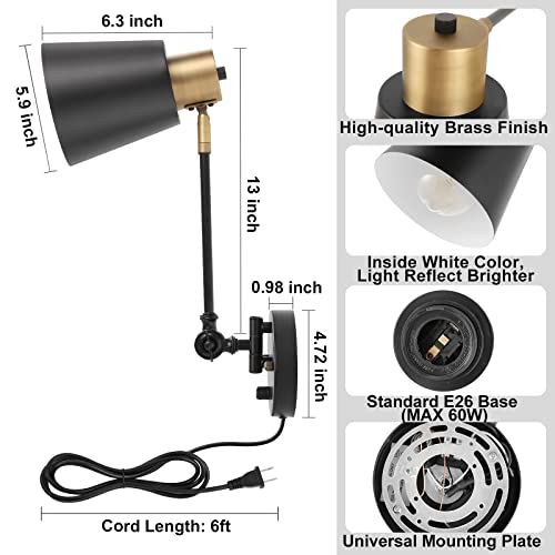 Dimmable Wall Lamp with Plug in Cord, ENCOMLI Plug in Wall Sconces Set of Two, Swing Arm Sconces Wall Lighting with On Off Switch, Metal Black Brass Industrial Wall Sconce Plug in Wall Light, E26 Base