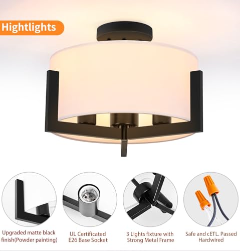 14inch Semi Flush Mount Ceiling Light: 3-Light Black Modern Light Fixtures Ceiling Mount with Drum Fabric Shade, Close to Ceiling Lighting for Bedroom, Kitchen, Entryway, Foyer(Bulb Exclude)