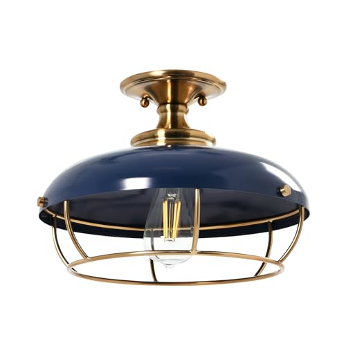 Caged Dome Metal Semi-Flush Mount Ceiling Light, Brushed Brass and Navy Blue