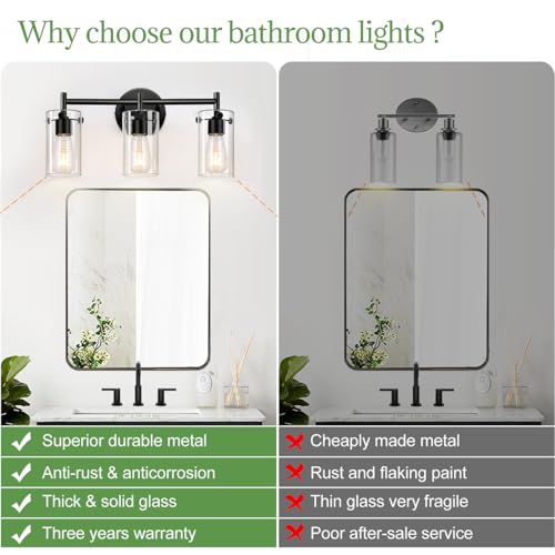 Bathroom Light Fixtures 2023 Upgrade, 3-Light Matte Black Bathroom Vanity Light, Black Bathroom Lights Over Mirror with Clear Glass Shade, Bathroom Wall Sconces for Mirror Bedroom Living Room Hallway