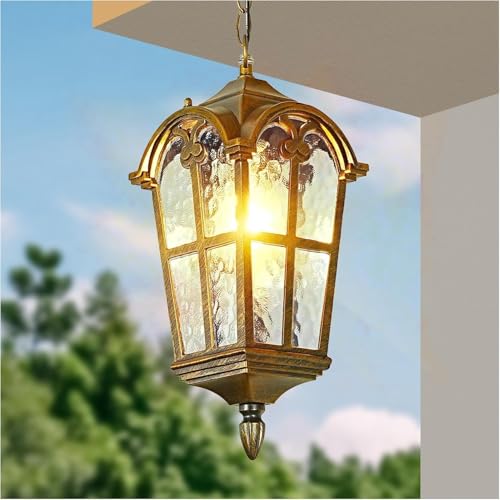 Gold Outdoor Pendant Light fixtures for Patio Foyer Entryway, Anti-Rust Waterproof Exterior Hanging Porch Light with Crack Glass Adjustable Chain Aluminum Outside Ceiling Lights(1 Pack)