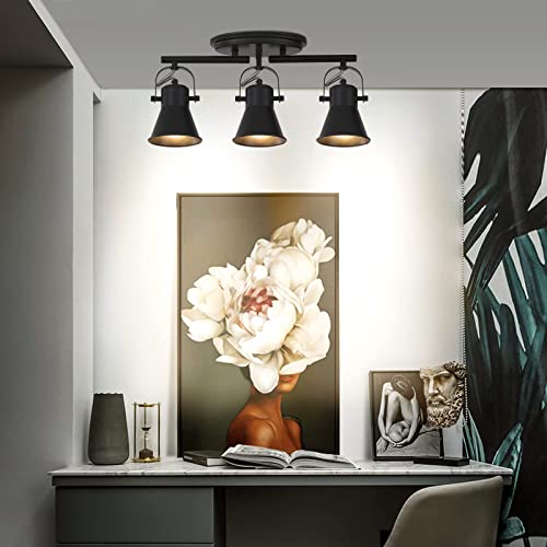 3-Light Track Lighting Kit,Black Semi Flush Mount Ceiling Light with 3 Rotatable Light Heads,Industrial Accent Lighting for Livingroom,Bathroom,Hallway,Art Wall,Bathroom,Kitchen.(3-Light)