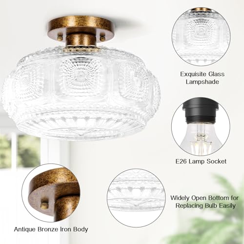 Semi Flush Mount Ceiling Light, Globe Glass Ceiling Light Fixture, Gold Modern Lighting for Hallway Porch Corridor Kitchen Bedroom, Bulb Not Included