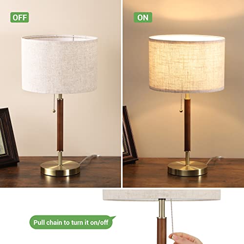 Mid Century Table Lamp, Bedside Lamp with Pull Chain Switch, Solid Wood & Metal Pole, Modern Nightstand Table Lamp for Living Room, Bedroom, Office, Frosted Bronze & Wood Finish