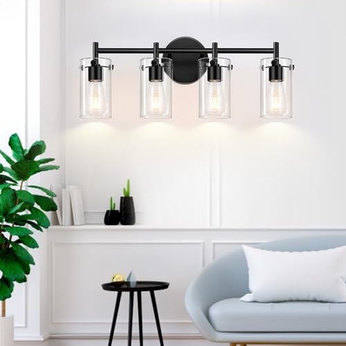 Bathroom Light Fixtures 2023 Upgrade, 3-Light Matte Black Bathroom Vanity Light, Black Bathroom Lights Over Mirror with Clear Glass Shade, Bathroom Wall Sconces for Mirror Bedroom Living Room Hallway