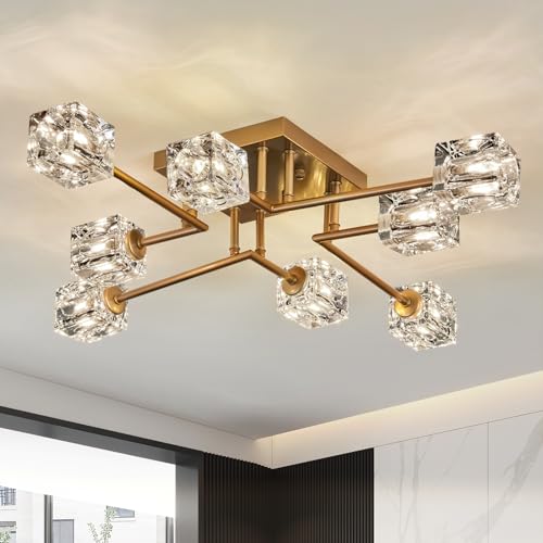 Vintage Gold Semi Flush Mount Ceiling Light 8-Light Glass Sputnik Chandeliers Mid Century Modern Crystal Ceiling Light Fixture for Living Room Dining Room Bedroom Kitchen Foyer