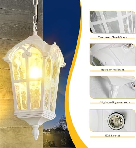 Gold Outdoor Pendant Light fixtures for Patio Foyer Entryway, Anti-Rust Waterproof Exterior Hanging Porch Light with Crack Glass Adjustable Chain Aluminum Outside Ceiling Lights(1 Pack)