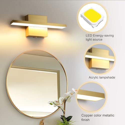 Gold Bathroom Light Fixtures Over Mirror, 20 Inch Brushed Brass Bathroom Vanity Light, LED Modern Wall Sconce 3000K Bar Vanity Lights for Bathroom Mirror Cabinets Bedroom