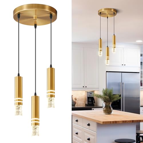 3-Light Hanging Pendant Light Fixtures, Modern Kitchen Island Light Fixture, 36W LED Pendant Lighting Dimmable Hanging Chandelier for Dining Room Bedroom Hallway, Gold Metal Pendant Lamp